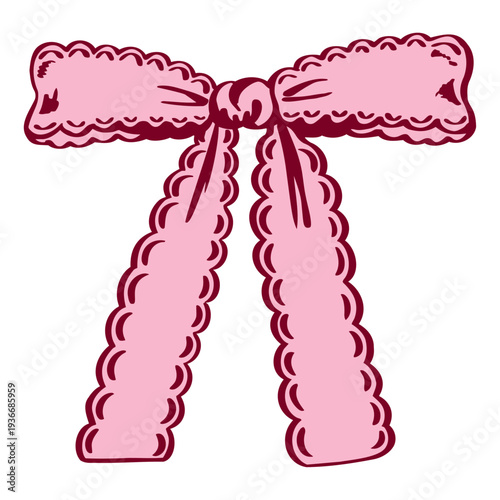 Scalloped pink coquette ribbon bow with lace-like edges and long tails. Romantic feminine accent for fashion, lingerie, wedding stationery, gift wrapping, packaging, cards and invoices in pastel style