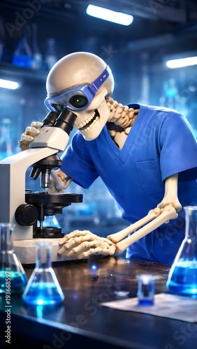 Curious Skeleton Scientist Using Microscope in Futuristic Laboratory Research Lab