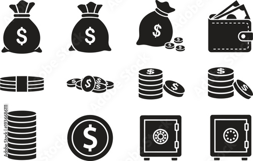 Money and Finance Icons: Bags, Wallets, Coins, Safes, and Stacks
