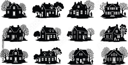 Black silhouette houses with people and trees home white
