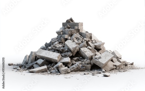 A pile of broken, gray concrete blocks against a white background