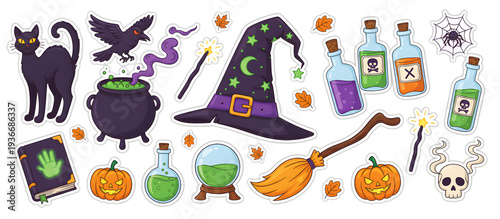 Halloween themed stickers featuring witches, potions, and spooky creatures for festive decorations