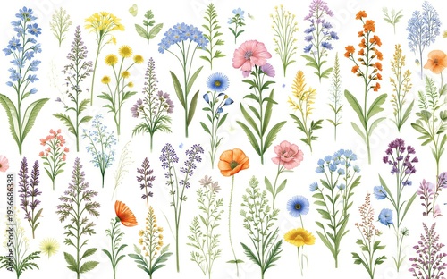 Vibrant wildflowers in watercolor style colorful and detailed against