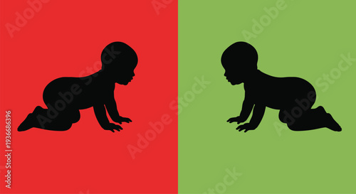 Black silhouette of two babies crawling on red and green backgrounds baby red background