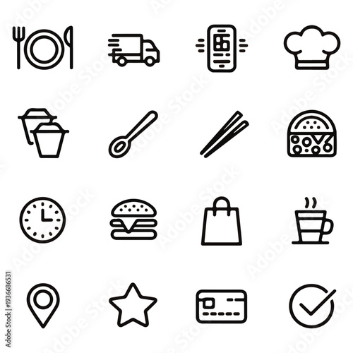 Food Delivery and Restaurant Line Icons Set – Online Order, Fast Delivery, and Dining Vector Collection