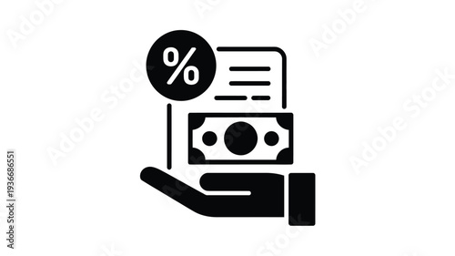Money icon with percentage sign and hand holding banknote illustration