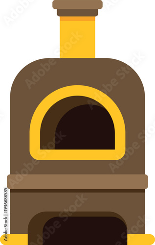 Stylized wood fired brick oven with chimney and arched opening