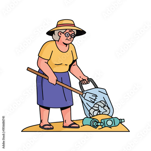 Elderly gardener disposing waste in a plastic bag on a sunny day