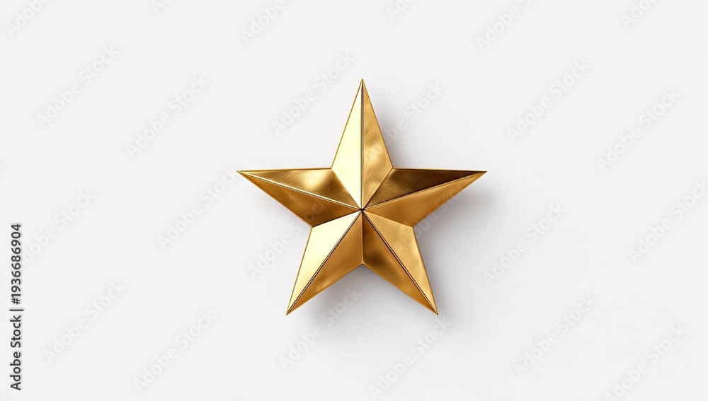 Fototapeta premium Gleaming golden five-pointed star on a stark white background, casting a soft shadow