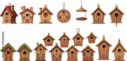 Wooden birdhouses and bird feeder collection with rustic garden nesting houses, decorative wooden bird homes flat vector illustration set