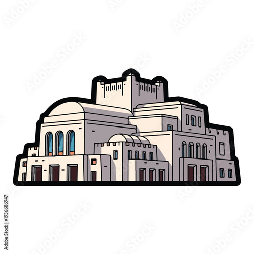 Illustration of a historic building complex with domes and arches in a cityscape from a frontal viewpoint