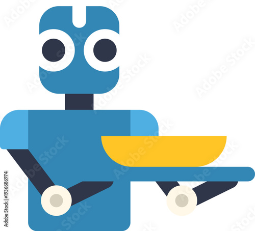 Blue robot delivering service with a yellow bowl on a flat tray