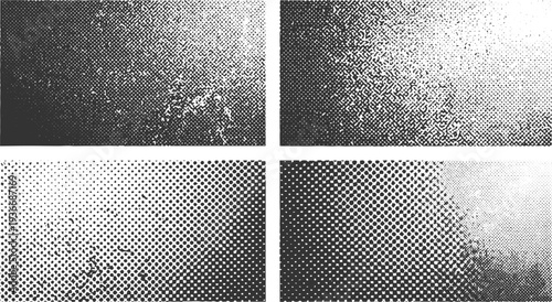 Halftone gradient collection for grunge design projects including four different dot patterns and distressed textures for retro comic or vintage newspaper background aesthetic elements