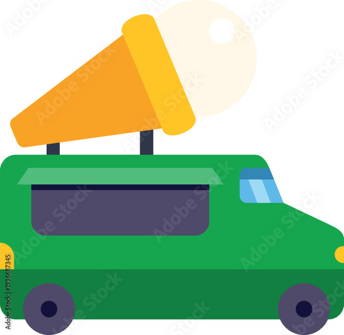 Green food truck with ice cream cone icon delivering sweet treats