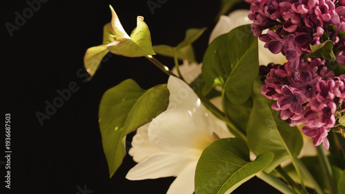 Bouquet with lilac and daffodil in the studio.