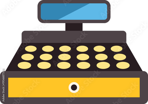 Cash register with display and keypad on white background representing commerce