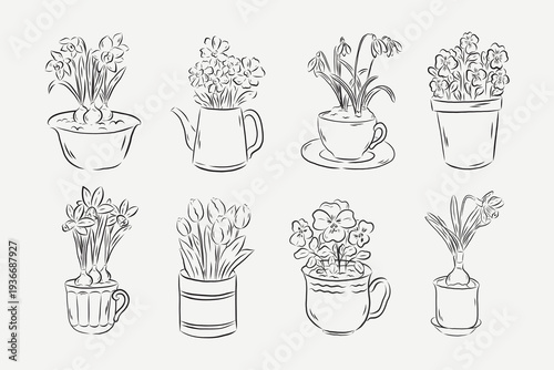 Spring sketch style flower line art collection with hand drawn botanical bouquet in vase 