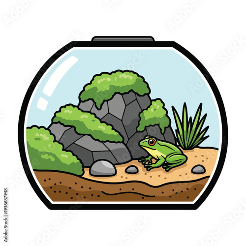 A green frog sitting on sand near rocks and plants inside a glass bowl, viewed from the side in a serene environment.