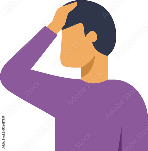 Man experiencing stress from headache or regret, holding hand to forehead
