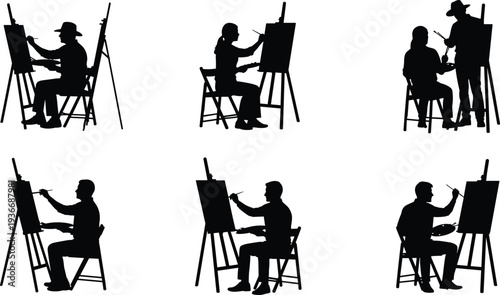 Black silhouettes of people painting on easels artists