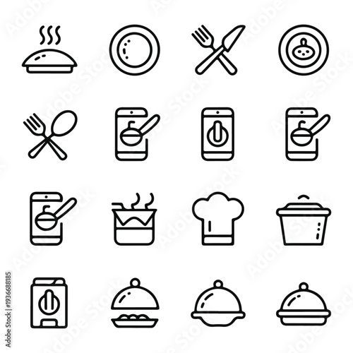 Food Delivery and Restaurant Line Icons Set – Online Order, Fast Delivery, and Dining Vector Collection