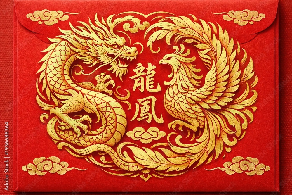 Fototapeta premium Golden Dragon and Phoenix on Red Envelope - Chinese Lunar New Year