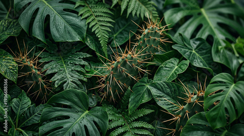 Close view of various green plants including sharp cacti and broad leaves in a tropical garden setting during a rainy day