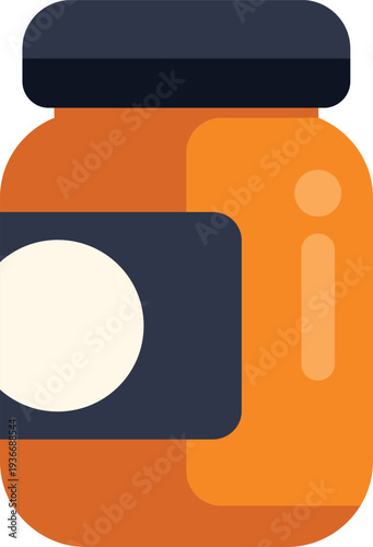 Glass jar filled with orange jam or honey with a dark lid and label