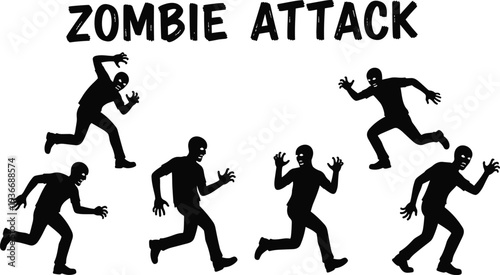 Black silhouettes of six running zombies with text zombie attack monsters monster creatures