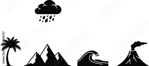 Nature elements collection: volcano, mountains, waves, palm tree, rain cloud, minimalist flat style silhouettes
