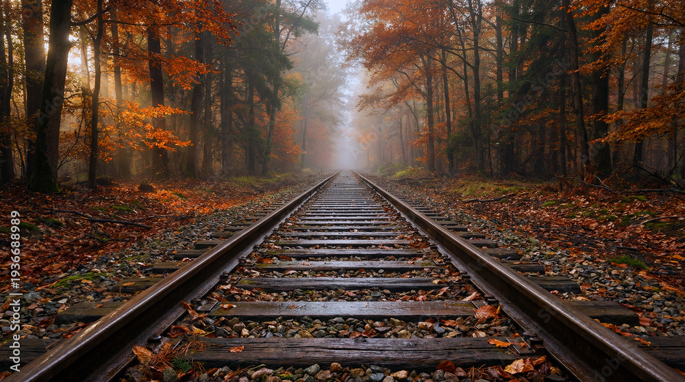 Fototapeta premium A serene railway track stretches through a vibrant autumnal forest with misty atmosphere