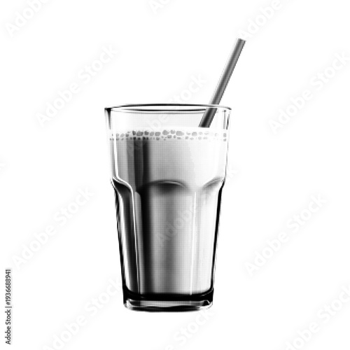 Glass of milk with straw. Minimal black halftone illustration of dairy drink isolated on white background, representing nutrition, freshness, beverage, and healthy lifestyle.