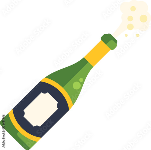 Bottle of sparkling wine with bubbles fizzing and exploding from the top, indicating a celebration
