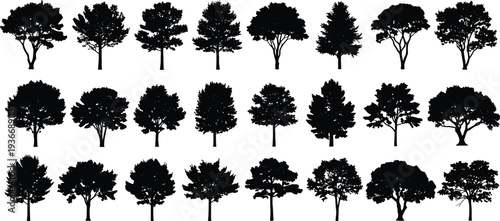 Black silhouettes of various trees on white background 1