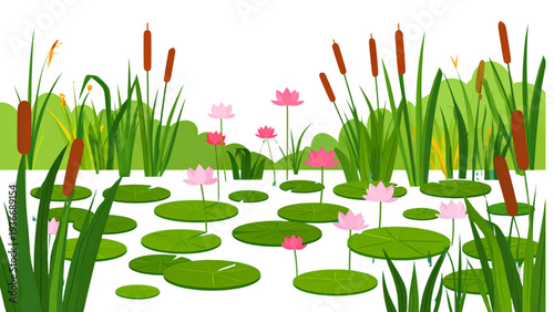 Aquatic plant illustration, cartoon lily pads, blooming water flowers, green reeds, marsh vegetation, pond flora, flat design vector, lake