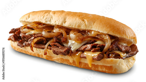 A delicious philly cheesesteak sandwich with grilled meat and onions on a crusty bread roll, viewed from the side