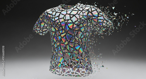 A vibrant abstract diamond pattern on a t-shirt disintegrating into fragments from the center
