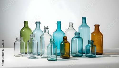 Wallpaper Mural A collection of various glass bottles in different shapes and colors on a white surface Torontodigital.ca