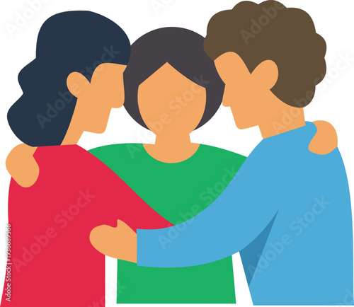 Three individuals embracing, representing unity, empathy, and togetherness