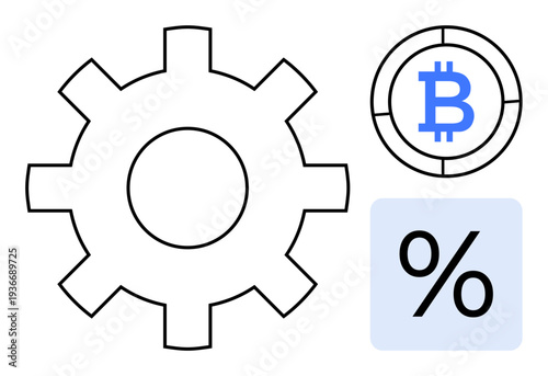 Cryptocurrency, blockchain technology, financial systems, digital payment, investment strategy, fintech. Gear, Bitcoin symbol and percent sign . Cryptocurrency and blockchain technology