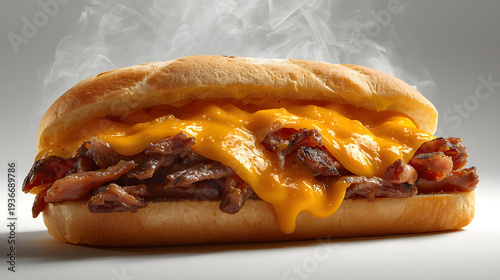 A steaming hot philly cheesesteak sandwich on a bun viewed from the side on a gray background