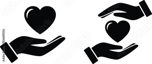 Hands holding hearts silhouette icons symbolizing charity, compassion, emotional care, healthcare support, nonprofit giving, and social work design.