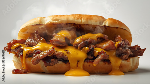 A steaming hot sandwich filled with meat and cheese on a bun, captured from a front view