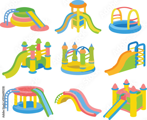 Colorful inflatable playground structures and slides for children’s recreation, amusement park fun, birthday party entertainment, and indoor play center design.