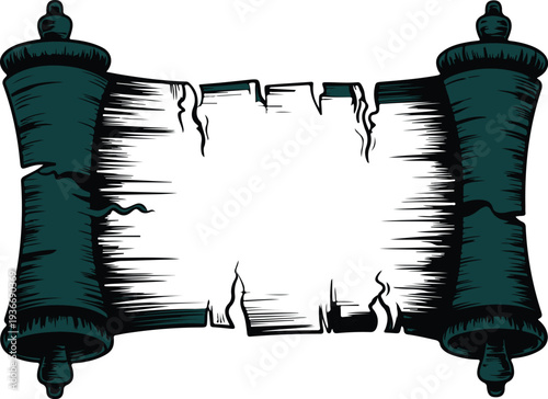 An ancient dark green and white blank scroll with worn and tattered edges ready for important text