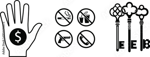 Financial transaction hand icon, prohibition signs for rules, and ornate vintage keys representing access, solutions, and unlocking opportunities.