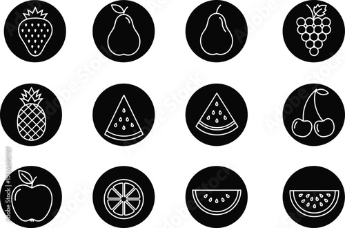 Minimalist fruit icons including strawberry, pear, grapes, pineapple, watermelon, cherries, apple, and orange slice for food design projects.