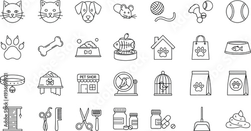 Pet care and veterinary line icon set including cat, dog, toys, grooming tools, food, clinic, cage, and animal care vector outline illustration collection