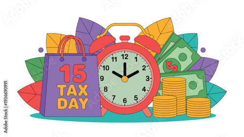 Tax day illustration with clock, money, and shopping bag vector graphics