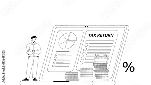 Laptop shows tax return with a man standing beside it happily